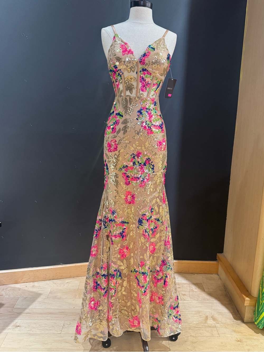 Embellished Gold Evening Gown with Pink & Blue Floral Accents